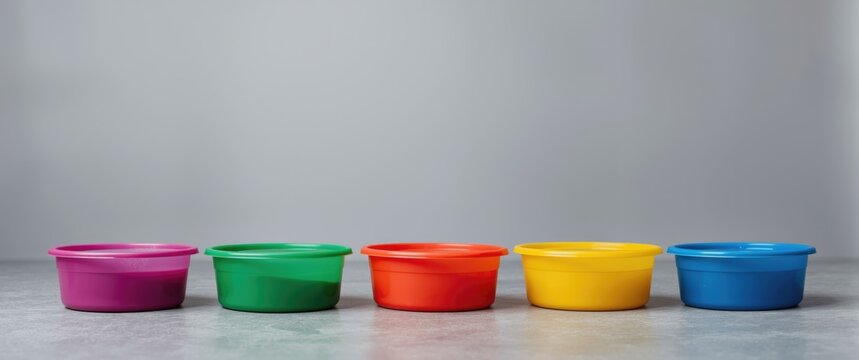 Multicolored slime tubs set against a plain gray floor with copy space for children's creative activities
