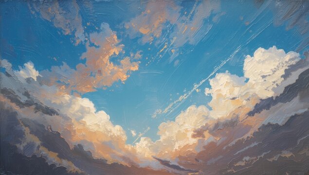 Vivid oil painting illustrating a sky teeming with clouds and nuanced atmospheric conditions