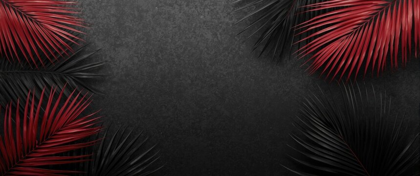 Decorative Palm Sunday design showcasing crimson and ebony palm fronds with spacious message space