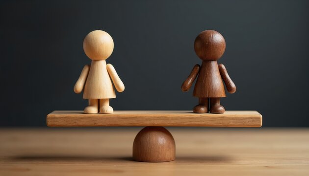 Wooden figures one light one dark balanced on scale. Symbolizing equality fairness and inclusion in society. Represents diversity and social justice concepts.