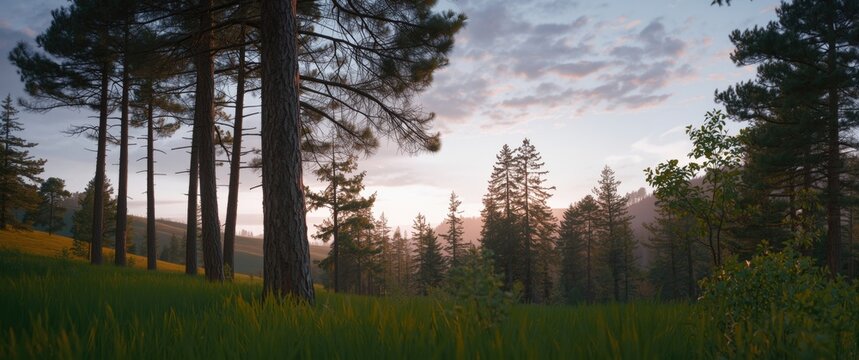 Serene twilight view of pine trees beside a vibrant grassy field