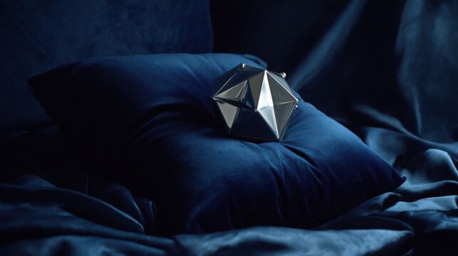 A polished palladium geometric paperweight reflecting light on a dark blue velvet surface