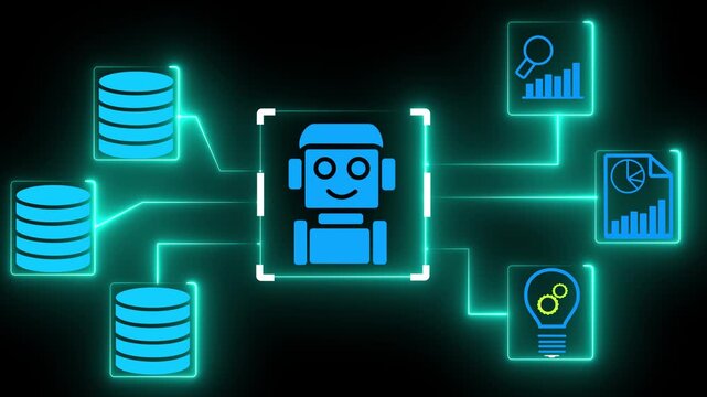 AI data warehouse. Integrated database for business data analysis. Data pipeline and data warehouse. Motion graphics of data analysis idea. Glowing neon on the black background 4k video.