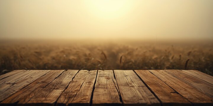 rustic wood table placed before a foggy wheat field backdrop
