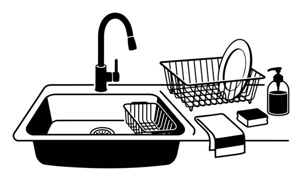Kitchen sink setup showing a faucet, dish drainer with dishes, soap dispenser, sponge, and towels, depicting typical household chores