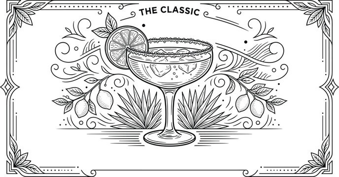 Hand Drawn Classic Margarita Cocktail Vector Label Set Classic Margarita Cocktail Vector Label Set with Recipe Ingredients Agave Plants Filigree Border and Vintage Menu Line Art Graphic Illustration