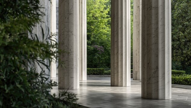 Sleek marble column features at an impressive architecture access point with diffused light and healthy foliage