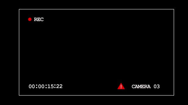 Cctv security camera recording overlay with digital timecode, red rec indicator, and warning symbol for authentic surveillance simulation and cinematic suspenseful editing projects