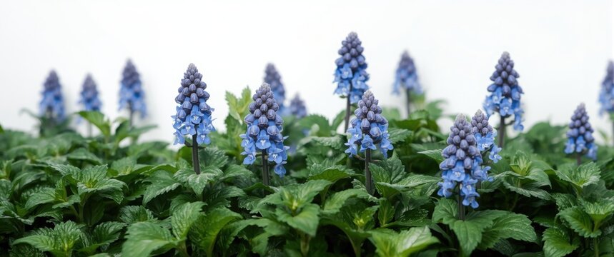 White background image of Ajuga reptans showcasing blue blooms and dense green foliage for gardening projects