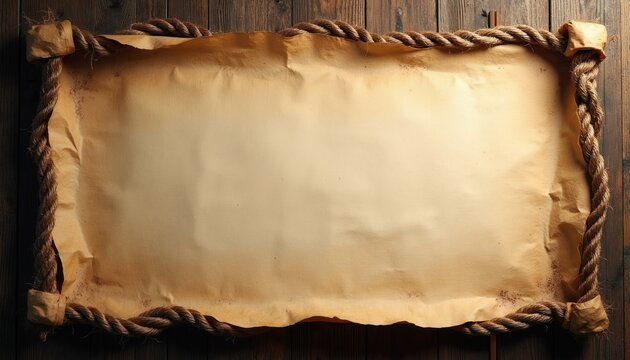 Old parchment scroll framed with thick rope border. Aged paper banner on rustic wood. Blank space for text, retro invitation or announcement background.