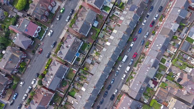Top down view of semi-detached housing and suburban streets, England