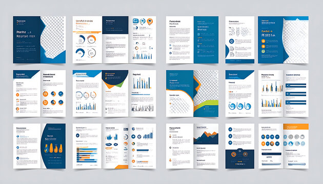 Set of business brochure templates with charts, graphs, and icons, presenting data and analytics, corporate presentation layouts