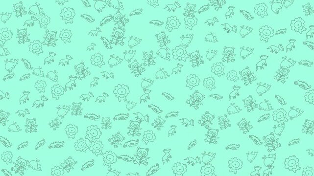 Teal background with animal patterns in simple line art, perfect for childrens products, stationery, textiles, and nursery decor.