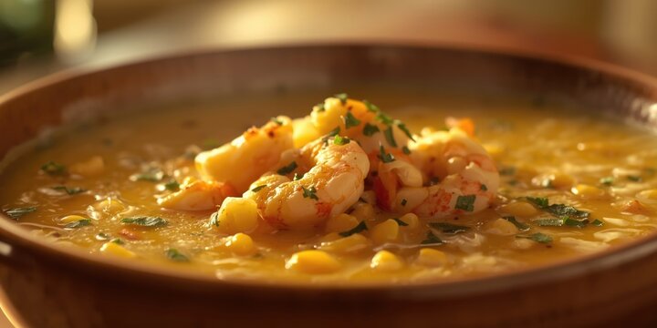 Spiced shrimp chowder blended with sweet corn and creamy broth
