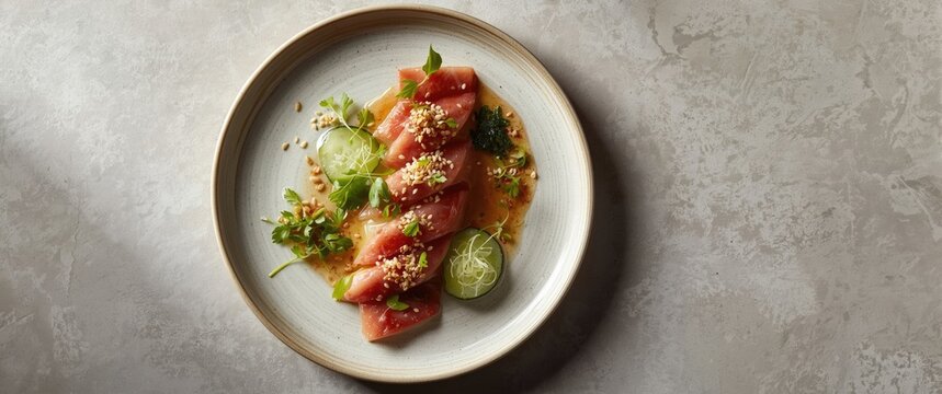Top perspective of spicy albacore tuna sushi featuring escolar fish and cucumber