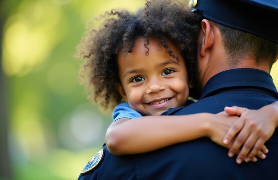 Small kid hugs police officer with smile. Child feels safe, secure with law enforcement. Community relations, positive interaction, officer safety, childhood.