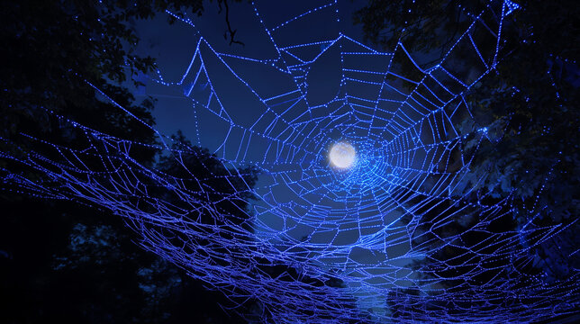 Web of blue string lights stretched between trees under full moon in a deep indigo nocturnal sky