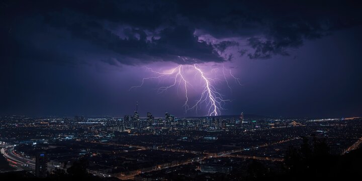 Night storm with vivid lightning illuminating a large city from above