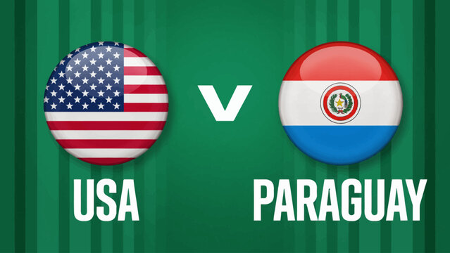 USA versus Paraguay flags displayed on green striped background design