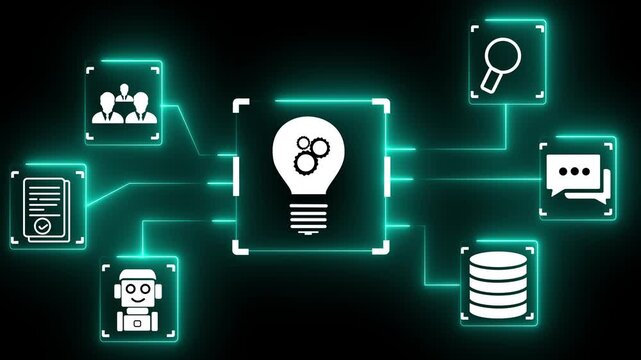 Knowledge management and sharing solution. Information and document retrieval from content repository. Glowing neon on the black background 4k video.