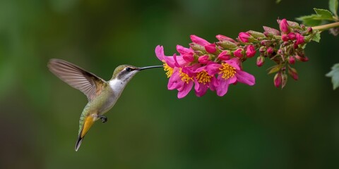 Fototapeta premium Merry hummingbird gathering nectar from blooming floral clusters