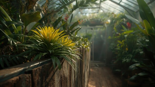 Vivid bromelia thriving on a rustic wooden panel surrounded by tropical plants inside a greenhouse