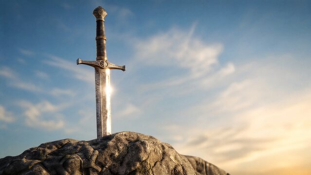 longsword. A weathered longsword plunged into a craggy rock, sunlight glinting. event programs, museum guides, designed for cultural heritage projects and event programs.