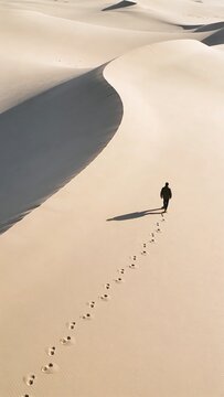 Generative AI depicts a lone figure walking across vast desert dunes under clear skies