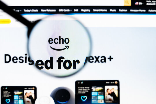Milan, Italy 2026, 20 Apr Closeup of Amazon Echo website on a laptop screen. Amazon Echo logo under a magnifying glass.