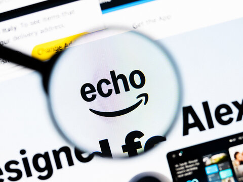 Milan, Italy 2026, 20 Apr Closeup of Amazon Echo website on a laptop screen. Amazon Echo logo under a magnifying glass.