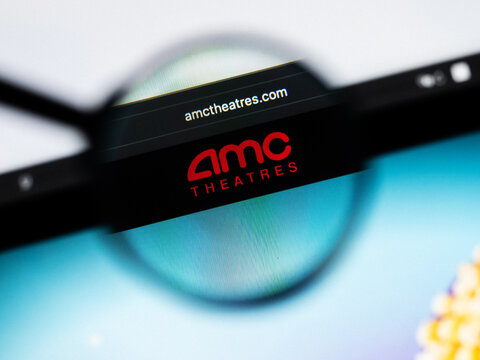 Milan, Italy 2026, 20 Apr Closeup of AMC website on a laptop screen. AMC logo under a magnifying glass.