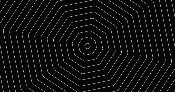 Seamless looped hypnotic white octagonal lines rotating on a black background creating a mesmerizing spiral pattern, perfect for futuristic and technological motion graphics projects