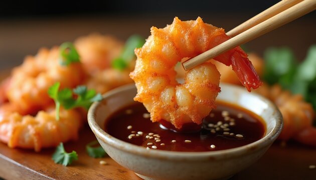 Crispy fried shrimp dipped in sauce with chopsticks. Seafood appetizer with fresh parsley garnish on wood. Delicious golden brown prawn plate.