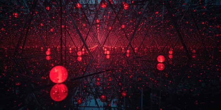 Red LED light structures glowing within an environment of endless mirrored depth