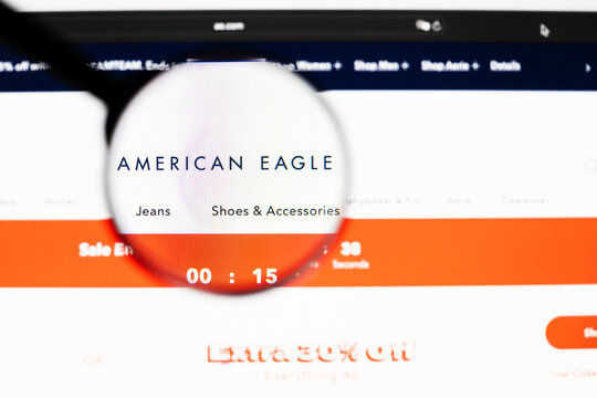 Milan, Italy 2026, 20 Apr Closeup of American Eagle Outfitters website on a laptop screen. American Eagle Outfitters logo under a magnifying glass.