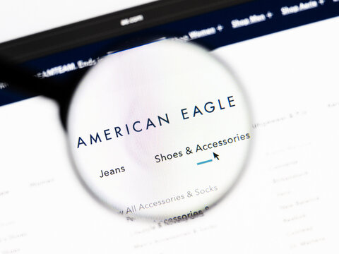 Milan, Italy 2026, 20 Apr Closeup of American Eagle Outfitters website on a laptop screen. American Eagle Outfitters logo under a magnifying glass.