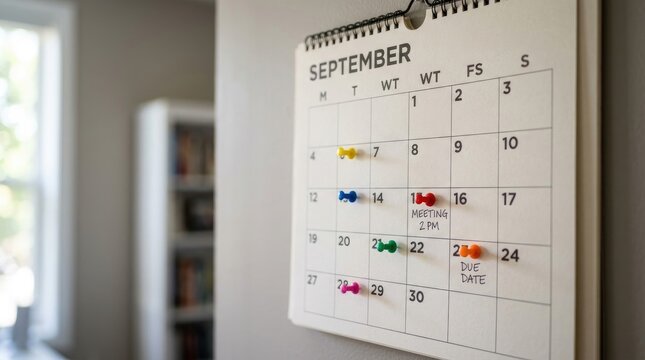 A close-up shot of a September calendar displaying the dates 17, 18, and 22. The calendar is mounted on a wall with a bookshelf in the blurred background.