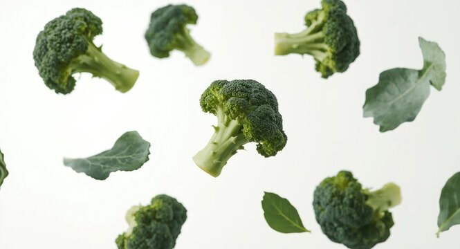 Organic broccoli stems and leaves floating against a clean white background for food packaging design