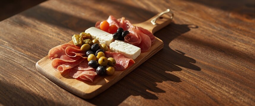 Wooden serving board showcasing Spanish tapas including ham salami goat cheese and marinated olives with copy space
