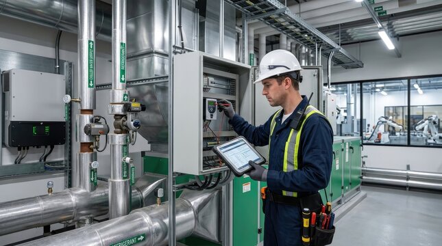 A technician wearing a white hard hat and a yellow safety vest inspects a complex industrial control panel. He is holding a tablet and using a multimeter to check the equipment.