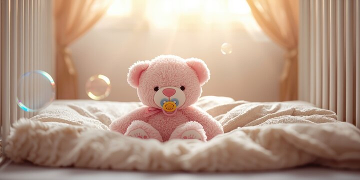 Lovable pink teddy bear plush with colorful pacifier