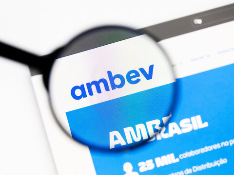 Milan, Italy 2026, 20 Apr Closeup of Antarctica Pilsen Ambev website on a laptop screen. Antarctica Pilsen Ambev logo under a magnifying glass.