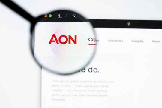 Milan, Italy 2026, 20 Apr Closeup of Aon website on a laptop screen. Aon logo under a magnifying glass.
