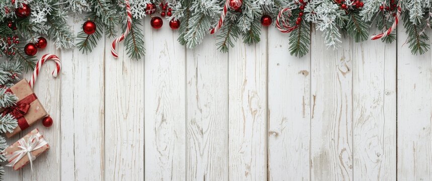 Holiday themed rustic white wood texture with vertical candy cane and red bauble borders snowy tree branches and presents