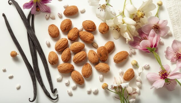 Vanilla pods almond nuts and flowers composition on white background for packaging artwork