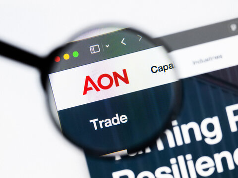 Milan, Italy 2026, 20 Apr Closeup of Aon website on a laptop screen. Aon logo under a magnifying glass.
