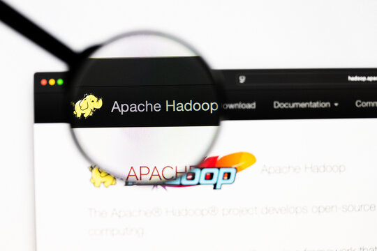 Milan, Italy 2026, 20 Apr Closeup of Apache Hadoop website on a laptop screen. Apache Hadoop logo under a magnifying glass.