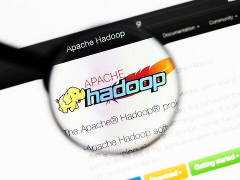 Milan, Italy 2026, 20 Apr Closeup of Apache Hadoop website on a laptop screen. Apache Hadoop logo under a magnifying glass.