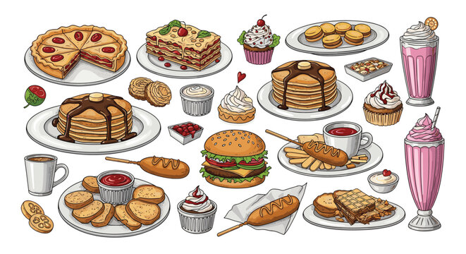 massive variety of hand drawn food illustrations includes burger pancakes pie cupcakes and various sweet desserts.