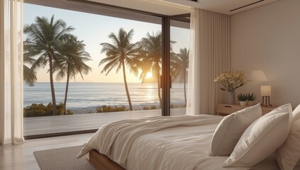 Obraz premium Inviting bedroom with tropical beach outlook, palm trees, and relaxing bedding textures